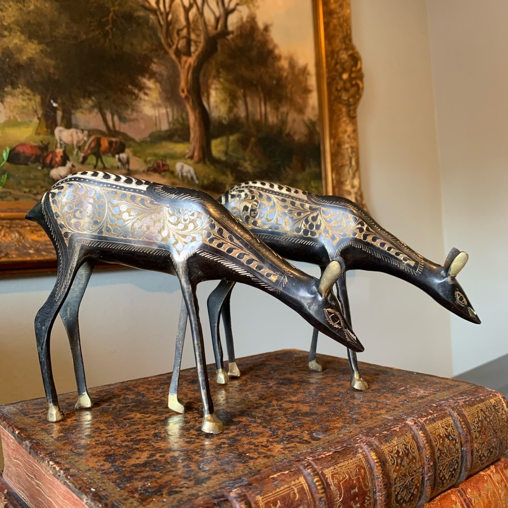 Pair of Hand Crafted Etched Brass Deer